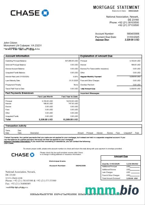 USA Chase wyciąg z kredytu hipotecznego w formatach Word i PDF